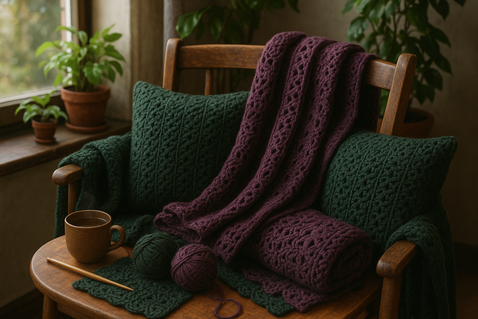 Dark green main color and dark purple colors, crochet, cozy vibe, nature